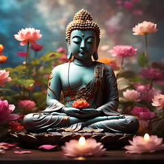 Antique meditating Buddha statue surrounded by a flower background.