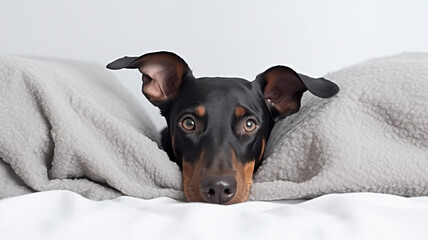 Cute doberman puppy dog covered wrapped with a wool cozy plush blanket copy space pet banner for text template. 