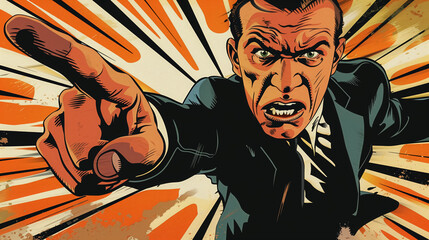 Angry man pointing finger in a pop art style.