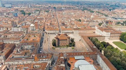 Naklejka premium Turin, Italy. Castle Palazzo Madama. Piazza Castello square. Panorama of the city. Summer day, Aerial View