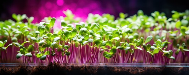 Vibrant microgreens grow abundantly in a planter, nurtured by the radiance of a grow light - obrazy, fototapety, plakaty