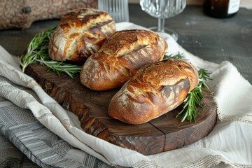 On a rustic wooden board, freshly baked artisan sourdough bread loaves boast a golden crust and are adorned with aromatic rosemary.