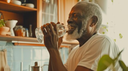 Happy elderly black man drinks pure water in kitchen - obrazy, fototapety, plakaty