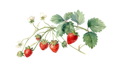 Hand drawn illustration of strawberry with branches, strawberry vines plant isolated on white background