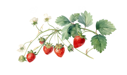 Hand drawn illustration of strawberry with branches, strawberry vines plant isolated on white background