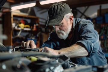 An old man working on a car engine at home