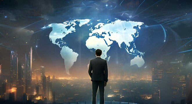 a businessman faces a large screen projecting a world map.