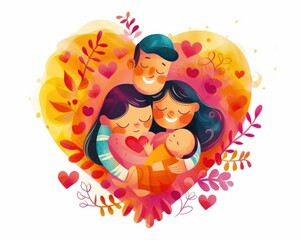 Happy family embracing in heart shape illustration with soft brushstrokes and strong lines, depicting love, togetherness, and joy. Generative AI.
