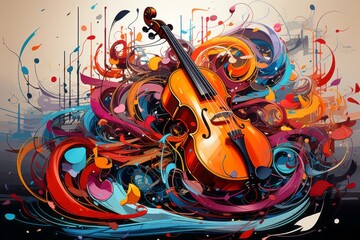 a colorful painting of a violin surrounded by colorful swirls - obrazy, fototapety, plakaty