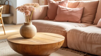 An understated living space featuring a wooden coffee table placed adjacent to a sofa, depicted in a close-up view. The decor highlights fashionable peach tones. - obrazy, fototapety, plakaty