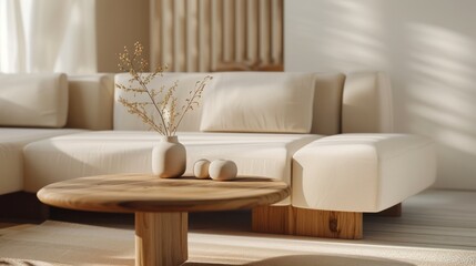 A modern living room arrangement with a wooden coffee table placed by the sofa, captured in a close-up perspective. The interior design boasts trendy peach color elements.