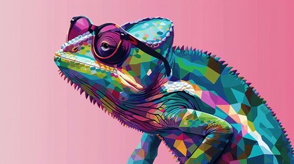 chameleon wearing sunglasses on a solid color background, vector art, digital art, faceted, minimal, abstract, panorama background. Generative AI