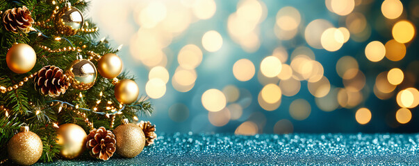 Fototapeta na wymiar Holiday elegance in gold, a festive tableau set against a Christmas backdrop, sparkling with celebration