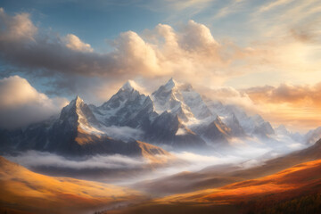 A landscape of mountains with clouds
