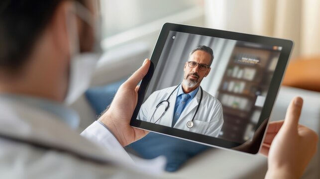 tablet displaying the picture of a male doctor, indicating the potential for a virtual medical consultation or telehealth appointment.