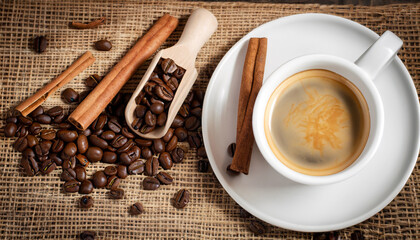 A white set of coffee on wooden and sacking background with cinnamon and coffee beans - Powered by Adobe