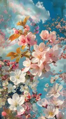 Collaged together are different types of spring blossoms, including cherry and apple flowers, set against a backdrop of clear blue sky and fluffy clouds.