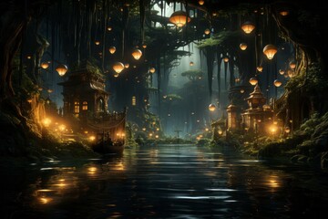 a river in the middle of a forest with lanterns hanging from the trees