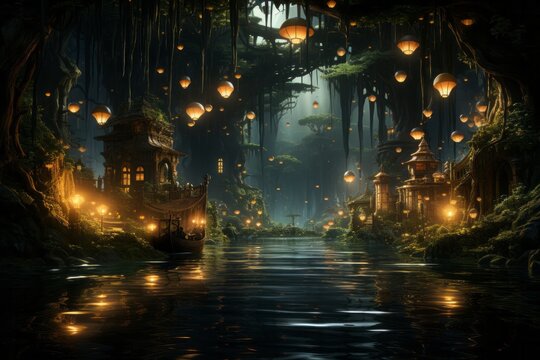 a river in the middle of a forest with lanterns hanging from the trees © JackDong