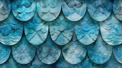An underwater seamless pattern is crafted with a watercolor illustration of blue mermaid scales, reminiscent of fish squama. - obrazy, fototapety, plakaty