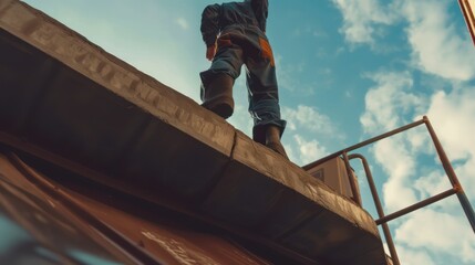 Worker Ascending on Construction Edifice - obrazy, fototapety, plakaty
