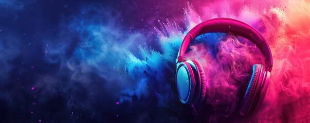 World Music Day banner. Headphones on dynamic colorful background with musical instruments. - obrazy, fototapety, plakaty