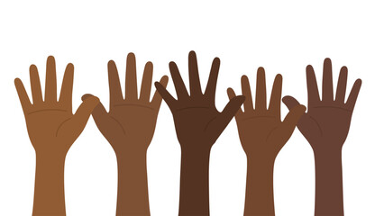 Flat vector illustration of people with dark skin tone raising their hands. Black history month and Juneteenth concept.	
