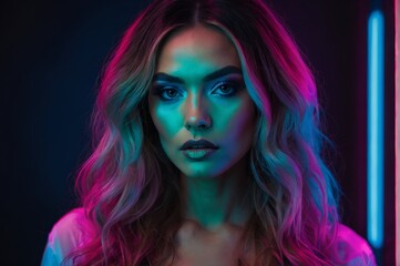 Stylish woman with bold makeup posing in neon lighting