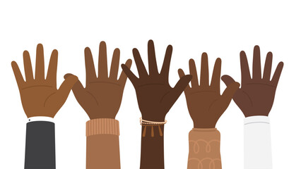 Obraz premium Flat vector illustration of people with dark skin tone raising their hands. Black history month and Juneteenth concept. 