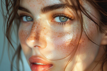 Close-Up Portrait of a Young Woman With Striking Blue Eyes and Freckles