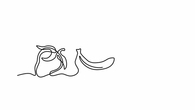 Self drawing animation with one continuous line draw,
fruit set, banana, apple, strawberry 