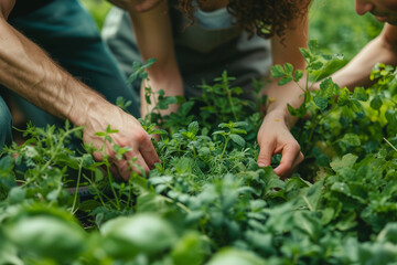 Fototapeta premium Close-up People Picking Herbs or Veggies from Garden. Close-up people hand-picking fresh herbs in a lush garden, focusing on sustainable organic farming practices. Sustainability at home