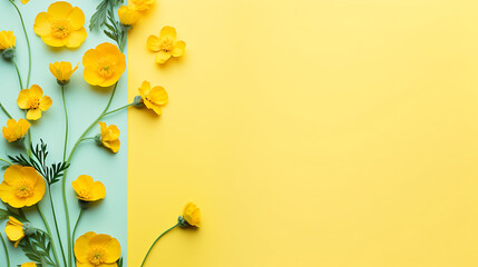 Yellow Flowers, Minimalist Floral Background, Spring Blooms, Blank Blue and Yellow Backdrop,  Birthday, Anniversary, Mother's Day, New Year, Wishes, Copy Space for Text