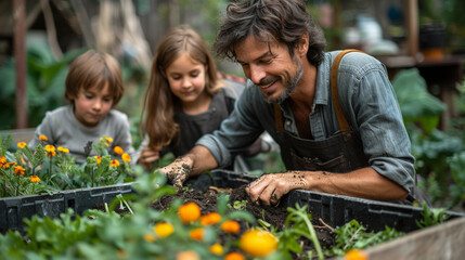 Families composting food waste, recycling, and filling donation bags. Family participate in eco-friendly activities, composting food waste, recycling items, and filling bags for donations.