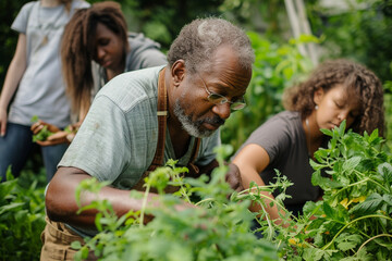 People picking herbs or veggies from a garden. Individuals engage in the wholesome activity of harvesting herbs and vegetables from a bountiful garden.