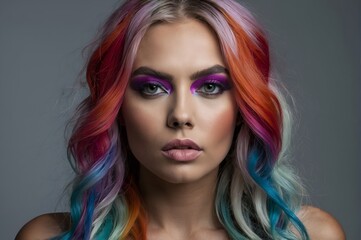 Beautiful woman with multi-colored hair and creative make up and hairstyle