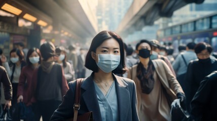 An Asian woman wearing a medical mask hurries to public transport amid a crowd of people during rush hour. Epidemic of a dangerous virus, Air pollution concepts. - obrazy, fototapety, plakaty