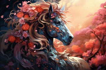 a painting of a horse with flowers in its mane