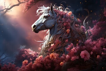a white horse with a long mane is surrounded by pink flowers