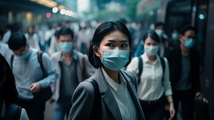 An Asian woman wearing a medical mask hurries to public transport amid a crowd of people during rush hour. Epidemic of a dangerous virus, Air pollution concepts.