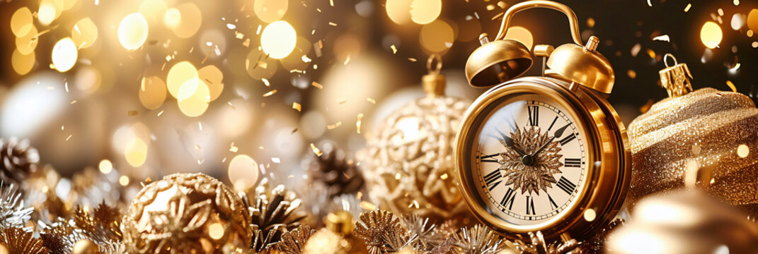 Festive anticipation, a vintage clock amidst holiday decor, marking the passage into joyous new adventures