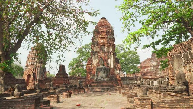 Buddha statue among ruins of the Wat Mahathat in Ayutthaya