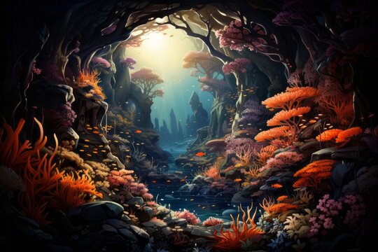 a painting of a cave filled with corals and trees