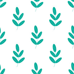 Background pattern with botanical motifs. Green foliage continuous botanical ornament. Decorative rustic leafy branches print for textile, paper, fabric and decor, vector illustration
