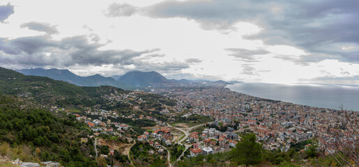 City of Alanya and the Mediterranean Sea from the height of the mountain.