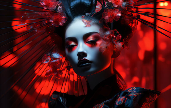 Cyber Elegance: A Geisha's Futuristic Allure -  - Beautiful Women Portrait