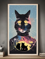 Retro Feline Dreamscape: Silhouette of a Cat and Starry Night Double Exposure in Vintage Colors - 80's Minimalist Poster Design"
"Cosmic Cat: Nostalgic Double Exposure Blending Feline and Celestial El