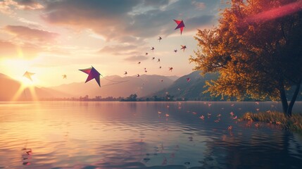 Envision a serene lakeside scene where colorful kites dance gracefully in the wind, reflecting their vibrant hues on the calm waters below. - Powered by Adobe