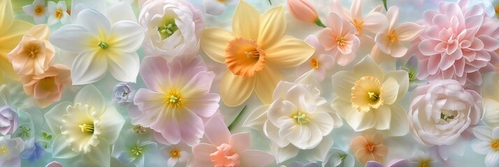 Banner of close-up of a variety of colorful spring flowers in pastel soft colors in full bloom.