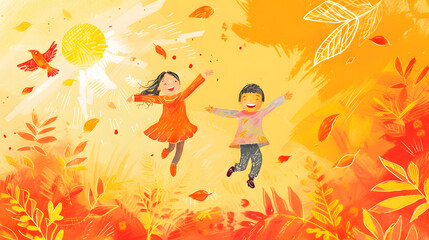 cheerful children in autumn, happiness in autumn, seasonal background